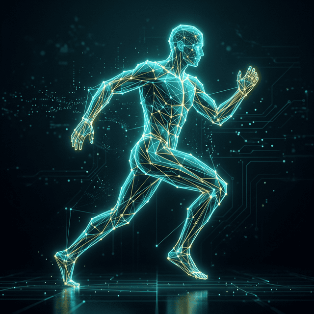 Visualización del motor de ingeniería física BioMetrix analizando la biometría del atleta